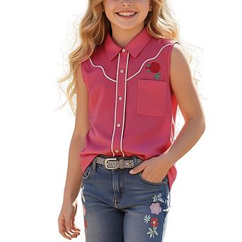 Girls' Sleeveless Western Style Button-Down Shirt with Embroidered Rose