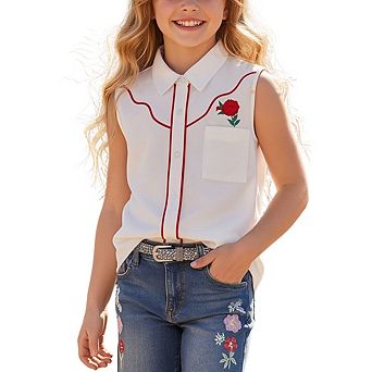 Girls' Sleeveless Western Style Button-Down Shirt with Embroidered Rose