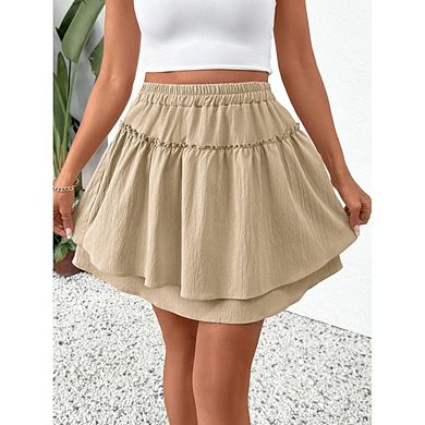 Women's Basic Mini Skirts Flared Ruffle Elastic Waist A Line Casual Skirt