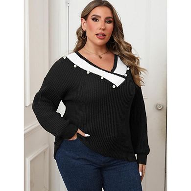 Womens Plus Size V Neck Sweaters Knit Stripe Woven Sweater Pearl Decoration Pullover