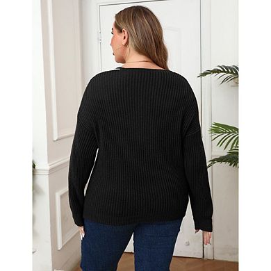 Womens Plus Size V Neck Sweaters Knit Stripe Woven Sweater Pearl Decoration Pullover