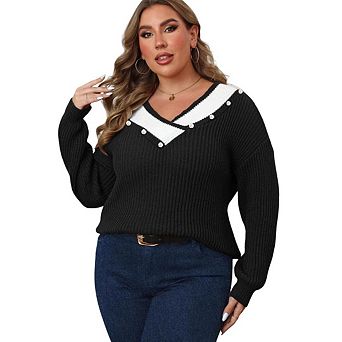 Womens Plus Size V Neck Sweaters Knit Stripe Woven Sweater Pearl Decoration Pullover