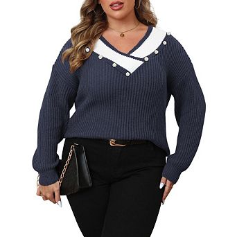Womens Plus Size V Neck Sweaters Knit Stripe Woven Sweater Pearl Decoration Pullover