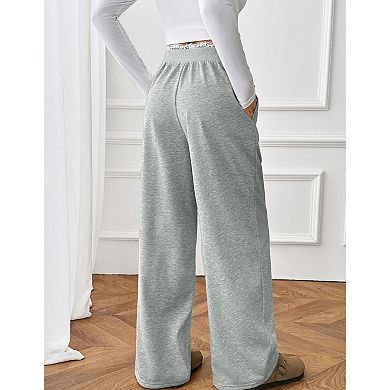 Women's Lace Patchwork Straight Leg Sweatpant Drawstring Workout Sweat Pants Pocket Casual Pant