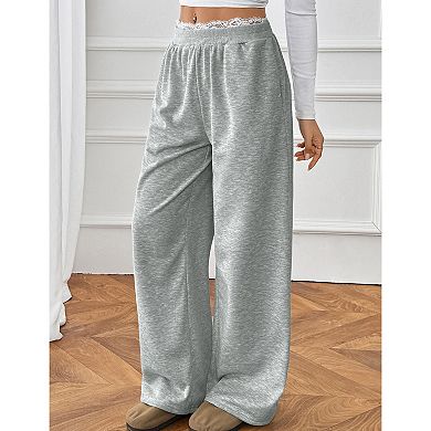 Women's Lace Patchwork Straight Leg Sweatpant Drawstring Workout Sweat Pants Pocket Casual Pant