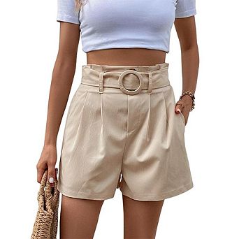 Women High Waisted Belted Shorts Pleated Wide Leg Summer Shorts with O-Ring Belt and Pockets