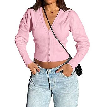 Women's Short Cardigans V Neck Button Front Ribbed Fit Crop Tops Knit Sweater