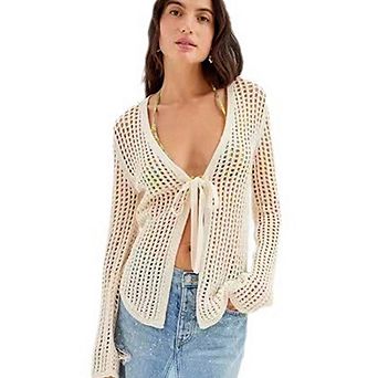 Women Crochet Knit Cardigan Long Sleeve Tie-Front Openwork Sweater