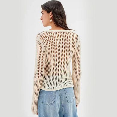 Women Crochet Knit Cardigan Long Sleeve Tie-Front Openwork Sweater