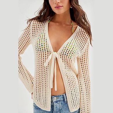 Women Crochet Knit Cardigan Long Sleeve Tie-Front Openwork Sweater