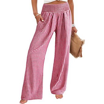 Women Casual Plaid Pants Elastic High Waist Wide Leg Lounge Pants Loose Trousers