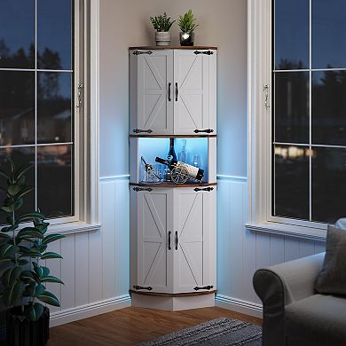 64.6" Tall Farmhouse Corner Storage Cabinet with Barn Doors, Freestanding Triangle Display Cabinet