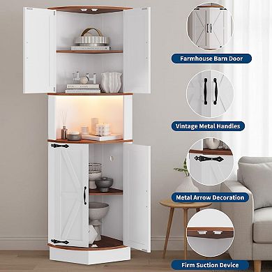 64.6" Tall Farmhouse Corner Storage Cabinet with Barn Doors, Freestanding Triangle Display Cabinet