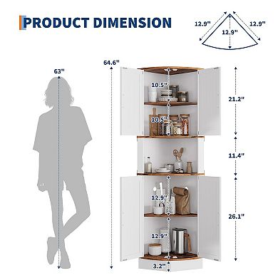 64.6" Tall Farmhouse Corner Storage Cabinet with Barn Doors, Freestanding Triangle Display Cabinet