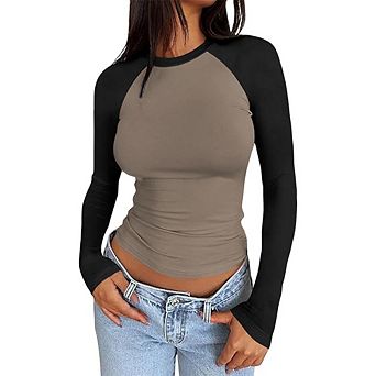 Womens Long Sleeve Y2K Shirts Slim Fit Stretchy Color Block Raglan Sleeve Tops Causal Daily T-Shirt