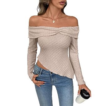 Women's Irregular Hem Off the Shoulder Sweaters Slim Fitted Long Sleeve Knitted Pullover Crop Tops
