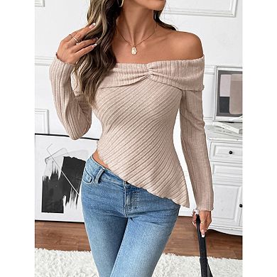 Women's Irregular Hem Off the Shoulder Sweaters Slim Fitted Long Sleeve Knitted Pullover Crop Tops