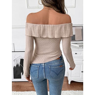 Women's Irregular Hem Off the Shoulder Sweaters Slim Fitted Long Sleeve Knitted Pullover Crop Tops