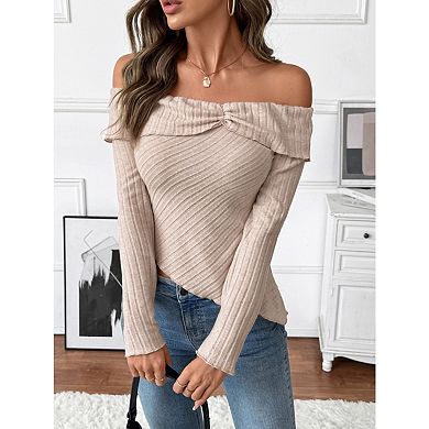Women's Irregular Hem Off the Shoulder Sweaters Slim Fitted Long Sleeve Knitted Pullover Crop Tops