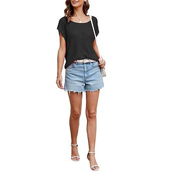 Women's Short Sleeve Crochet Sweater Tops Trendy Hollow Crewneck Knit Boho Casual Blouses