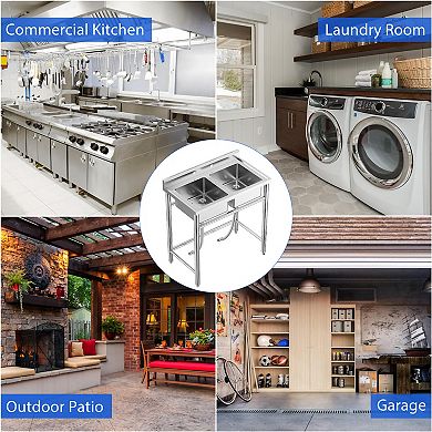 2 Compartment Commercial Sink Outdoor Utility Sink with Pull Out Faucet and Storage Shelf 36x21x40In