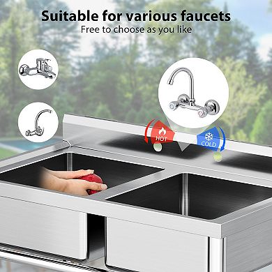 2 Compartment Commercial Sink Outdoor Utility Sink with Pull Out Faucet and Storage Shelf 36x21x40In