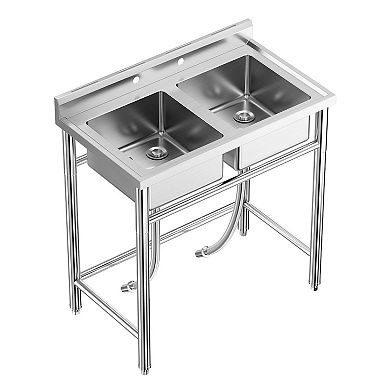 2 Compartment Commercial Sink Outdoor Utility Sink with Pull Out Faucet and Storage Shelf 36x21x40In