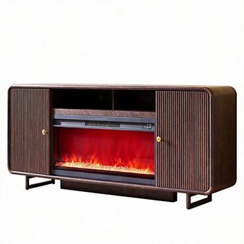 Fluted Fireplace TV Stand Curved Media Console Adjustable Shelves