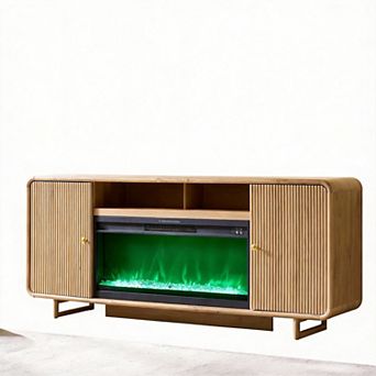 Fluted Fireplace TV Stand Curved Media Console Adjustable Shelves