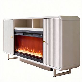 Fluted Fireplace TV Stand Curved Media Console Adjustable Shelves