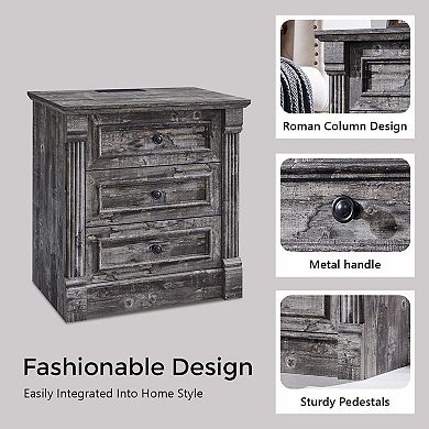 Farmhouse Nightstand Charging Station Roman Column 3 Drawers