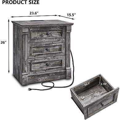 Farmhouse Nightstand Charging Station Roman Column 3 Drawers