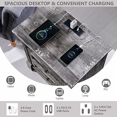 Farmhouse Nightstand Charging Station Roman Column 3-Drawer End Table