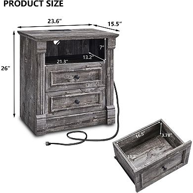 2-Piece Farmhouse Style Bedside Table with Charging Station, Drawer, Open Shelf, Bedside