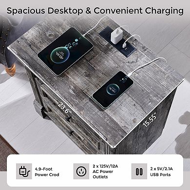 2-Piece Farmhouse Style Bedside Table with Charging Station, Drawer, Open Shelf, Bedside