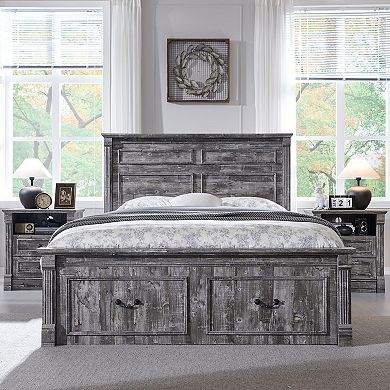 2-Piece Farmhouse Style Bedside Table with Charging Station, Drawer, Open Shelf, Bedside