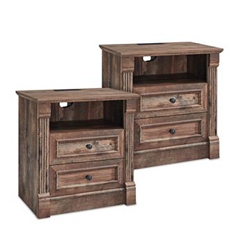 2 pc Farmhouse Style Bedside Table with Charging Station, Drawer, Open Shelf, Bedside