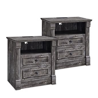 2 pc Farmhouse Style Bedside Table with Charging Station, Drawer, Open Shelf, Bedside