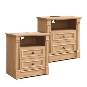 2 pc Farmhouse Style Bedside Table with Charging Station, Drawer, Open Shelf, Bedside