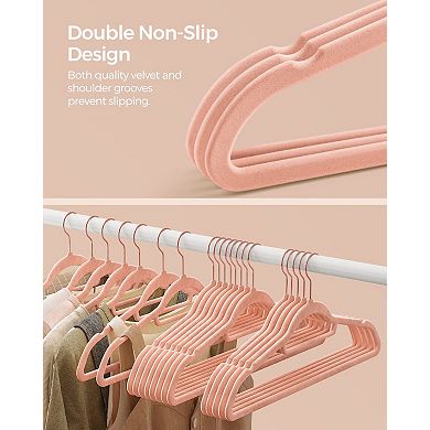 50-pack velvet hangers with hooks, non-slip, space-saving design, suitable for shirts and dresses.