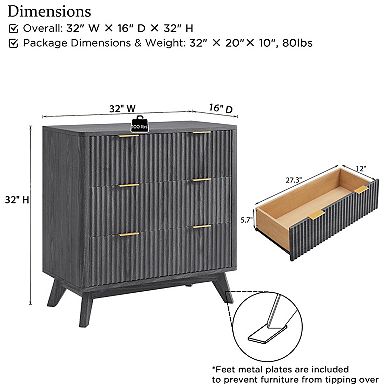 Fluted 3-Drawer Nightstand Curved Modern Bedside