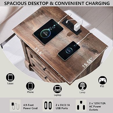 Farmhouse Nightstand Charging Station Roman Column Open Shelf 2 Drawers