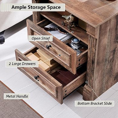 Farmhouse Nightstand Charging Station Roman Column Open Shelf 2 Drawers