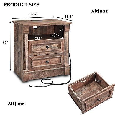 Farmhouse Nightstand Charging Station Roman Column Open Shelf 2 Drawers