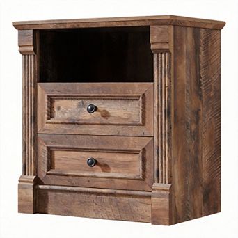 Farmhouse Nightstand Charging Station Roman Column Open Shelf 2 Drawers