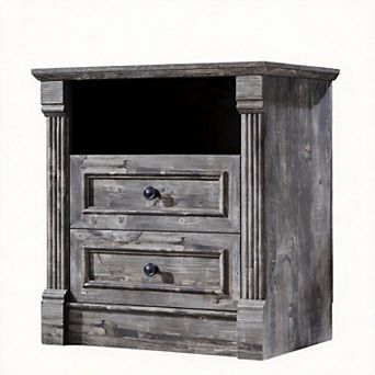 Farmhouse Nightstand Charging Station Roman Column Open Shelf 2 Drawers