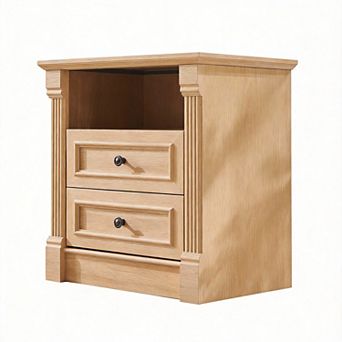 Farmhouse Nightstand Charging Station Roman Column Open Shelf 2 Drawers