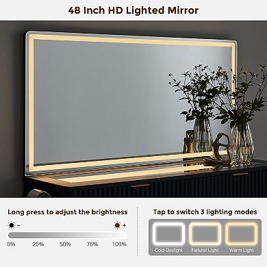 48" Fluted Vanity Desk with LED Mirror 8 Drawers Charging Station Glass Top