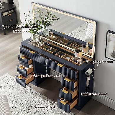 48" Fluted Vanity Desk with LED Mirror 8 Drawers Charging Station Glass Top