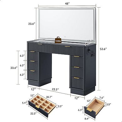 48" Fluted Vanity Desk with LED Mirror 8 Drawers Charging Station Glass Top